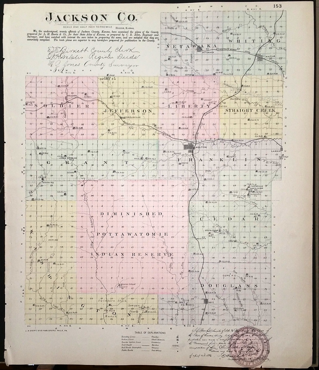 Map Jackson County Kansas Backed With Whiting Jackson Co Reading Olpe Bitler 1516